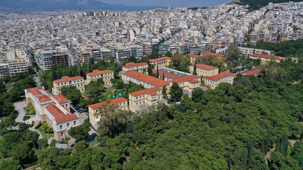Fototapeta na wymiar Aerial drone photo of public Athens court houses complex in Evelpidon area, Field of Ares, Athens, Attica, Greece