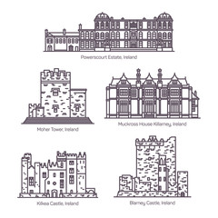 Obraz premium Set of isolated Ireland landmarks in thin line