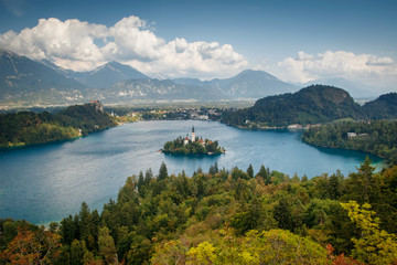 Fototapeta premium Lake Bled with St Marys church on the small island,Bled,Slovenia,Europe