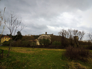 View of the country around the Trasimeno Lake with the small village of San Savino, Umbria, Italy.