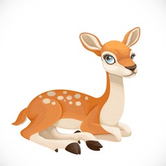 Cute cartoon spotted deer lay on white background