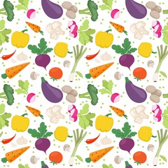 Seamless pattern from fresh vegetables radishes, carrots, tomatoes, beets, shallots on a white background