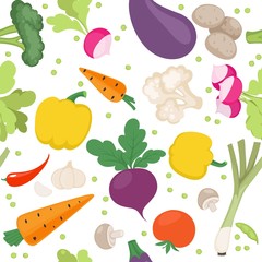 Seamless pattern from fresh vegetables radishes, carrots, tomatoes, beets, mushrooms, shallots on a white background