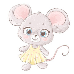 Hand drawn vector illustration of cute mouse with big eyes