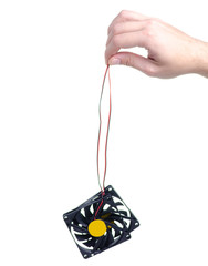 Computer cooler technology in hand on white backgrund isolation
