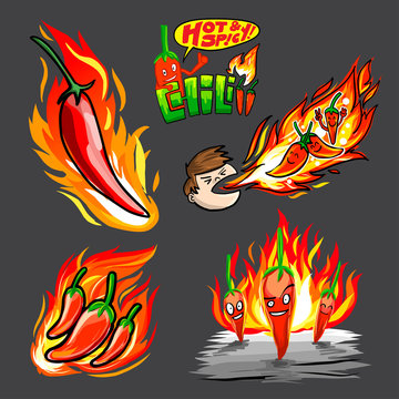 A set of vector drawing chili peppers with flame