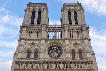 Fototapeta na wymiar PARIS, FRANCE -6 OCT 2018- View of the Notre Dame de Paris cathedral on the Ile de la Cite on the River Seine in the center of Paris before it was damaged by a fire in April 2019.