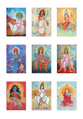 Set of images of Indian Goddess Navaratri. Pastel drawing.