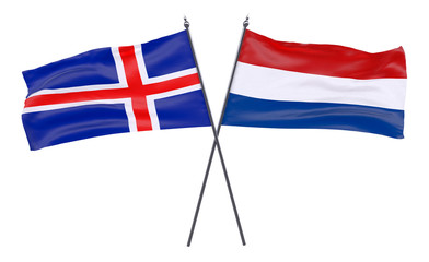 Iceland and Netherlands, two crossed flags isolated on white background. 3d image
