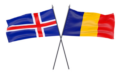 Iceland and Romania, two crossed flags isolated on white background. 3d image