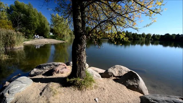 Idyllic autumn lake scenery from Great Spekte Lake (Grosser Spektesee) in Berlin Spandau from October 1, 2015, Germany