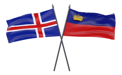 Iceland and Liechtenstein, two crossed flags isolated on white background. 3d image