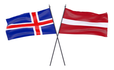 Iceland and Latvia, two crossed flags isolated on white background. 3d image