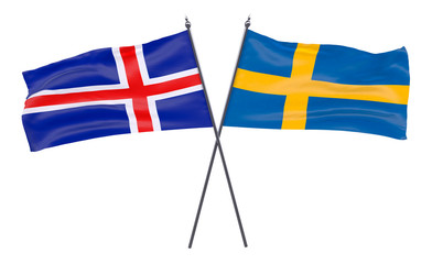 Iceland and Sweden, two crossed flags isolated on white background. 3d image