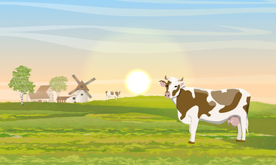 The cow in the meadow. Countryside in summer. Mill, barn and house with garden. Outbuildings. Green field. Vector Landscape