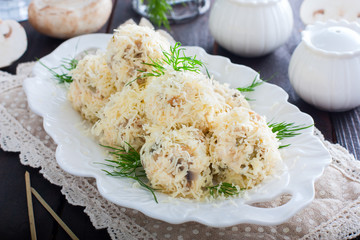 Serving balls with mushrooms in the form of balls with cheese, raffaello, horizontal
