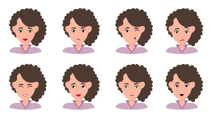 Female young character face set with different emotion. Brunette girl with happy, angry, unhappy, laughing, scared, wow, fun emotions. Vector Illustration
