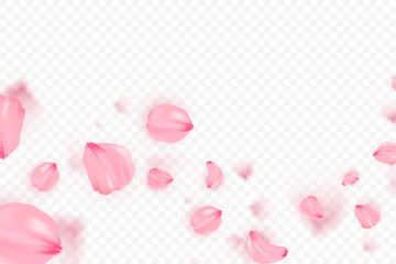 Pink sakura falling petals vector background. 3D romantic illustration. Transporent banner with sakura. Love card