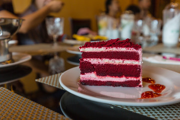 Red velvet cake on white dish