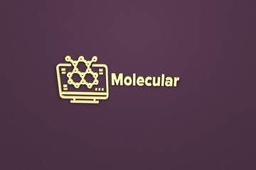 3D illustration of Molecular, yellow color and yellow text with violet background.