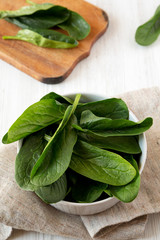 Raw spinach in a bowl, low angle view. Close-up.