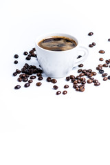 Cup with coffee beans on white background