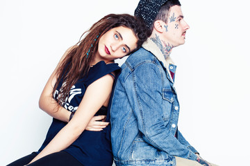 young pretty couple together, lifestyle people concept, boyfriend and girlfriend tattoo close up