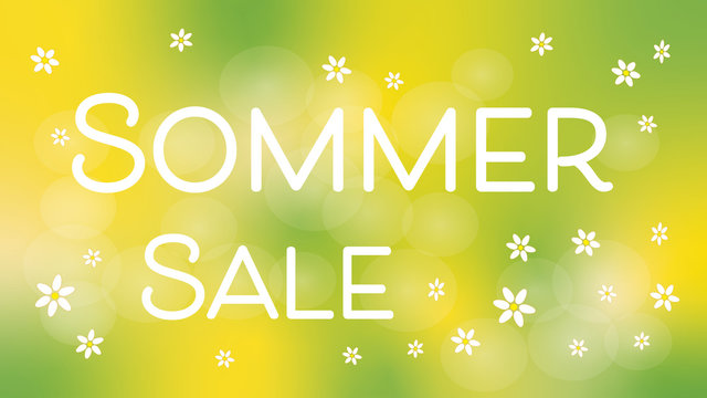 Fr&uuml;hlingsbokeh mit "Sommer-Sale" und kleinen Blumen