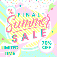 Summer special offer banner.Hand drawn lettering summer with geometric elements in memphis style. Sale season card perfect for prints, flyers,banners, promotion,special offer and more.