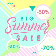 Fototapeta na wymiar Summer big sale banner.Hand drawn lettering summer with geometric elements in memphis style.Sale season card perfect for prints, flyers,banners, promotion,special offer and more.