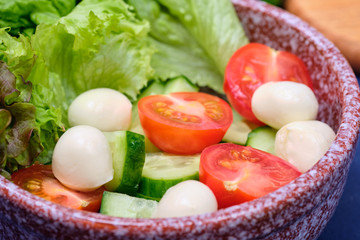 fresh vegetables and a bowl of salad with mozzarella on a blue background.  Caprese salad . Lettuce, cherry tomatoes, mozzarella, 