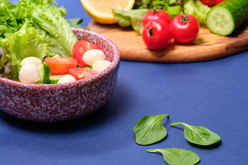 fresh vegetables and a bowl of salad with mozzarella on a blue background.  Caprese salad . Lettuce, cherry tomatoes, mozzarella, 