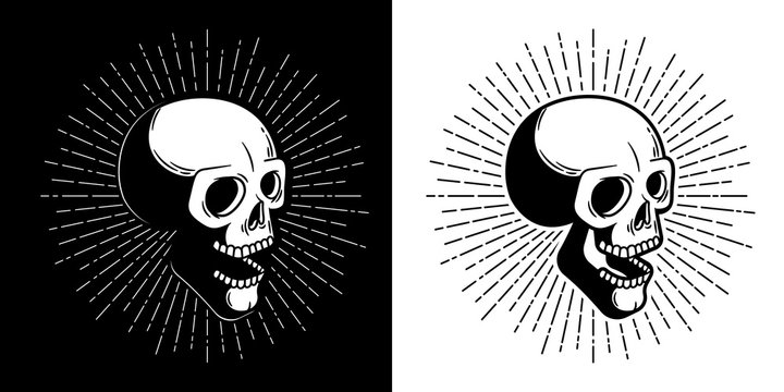 Skull hipster with sunburst - print style. Vector illustration