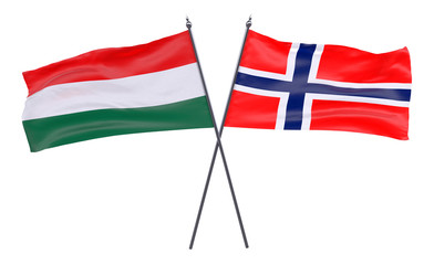 Hungary and Norway, two crossed flags isolated on white background. 3d image