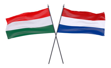 Hungary and Netherlands, two crossed flags isolated on white background. 3d image