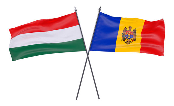 Hungary and Moldova, two crossed flags isolated on white background. 3d image