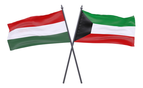 Hungary and Kuwait, two crossed flags isolated on white background. 3d image