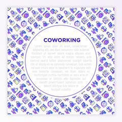 Coworking office concept with thin line icons: workplace, meeting room, conference hall, smart office, parking, reception, legal address, fast internet, 24 hour access. Vector illustration.