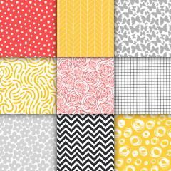 Abstract hand drawn geometric simple minimalistic seamless patterns set. Polka dot, stripes, waves, random symbols textures. Vector illustration