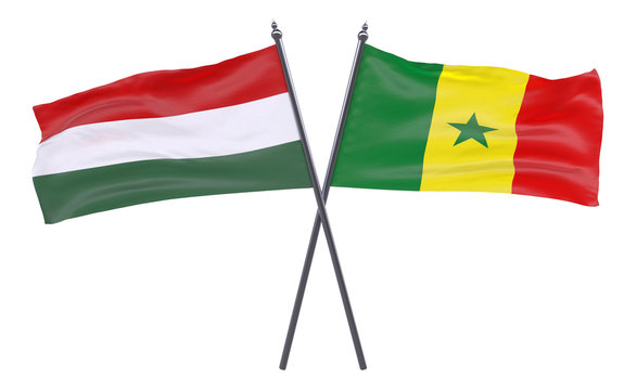 Hungary and Senegal, two crossed flags isolated on white background. 3d image