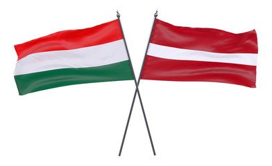 Hungary and Latvia, two crossed flags isolated on white background. 3d image