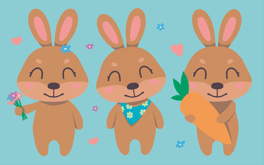 Cute cartoon brown smiling easter bunny vector collection set with flowers, hearts, carrot for children