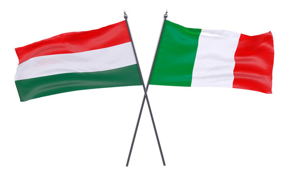 Hungary and Italy, two crossed flags isolated on white background. 3d image