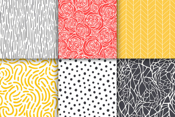 Abstract hand drawn geometric simple minimalistic seamless patterns set. Polka dot, stripes, waves, random symbols textures. Vector illustration