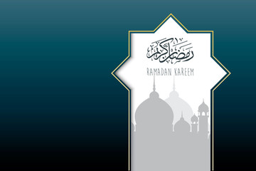 3D Ramadan Kareem text in Arabic and English on isolated mosque background. - Vector