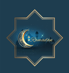 Ramadan kareem with golden ornate crescent greeting  card islamic celebration greeting card vector for graphic design