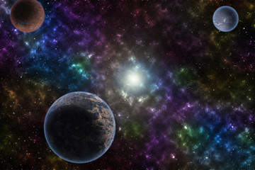 Plakat Planet on starry sky, outer space. Sound of cosmic radiation the background hiss of the universe