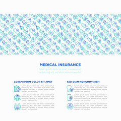 Medical insurance concept with thin line icons: policy, life insurance, psychological support, maternity program, 24/7 support, mobile app, telemedicine. Vector illustration, template for print media.