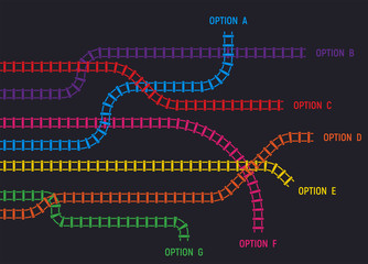 Train rail tracks, railroad infographic template. Railway tracks in directions. Colorful tracks going in different directions with option. Rail map or logistic options.