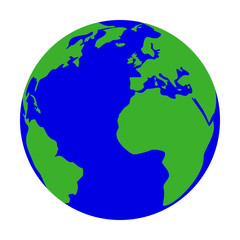 Green Earth globe isolated on white background. Flat planet Earth icon with America, Africa and Europe continents side. Vector illustration.